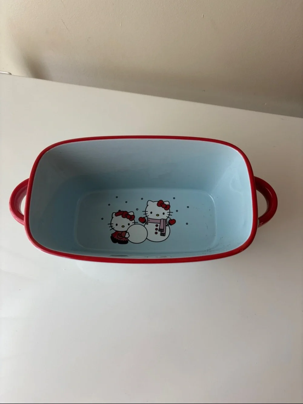 Hello Kitty Light Blue & Red Ceramic Serving Dish with Snowman Design NWOT